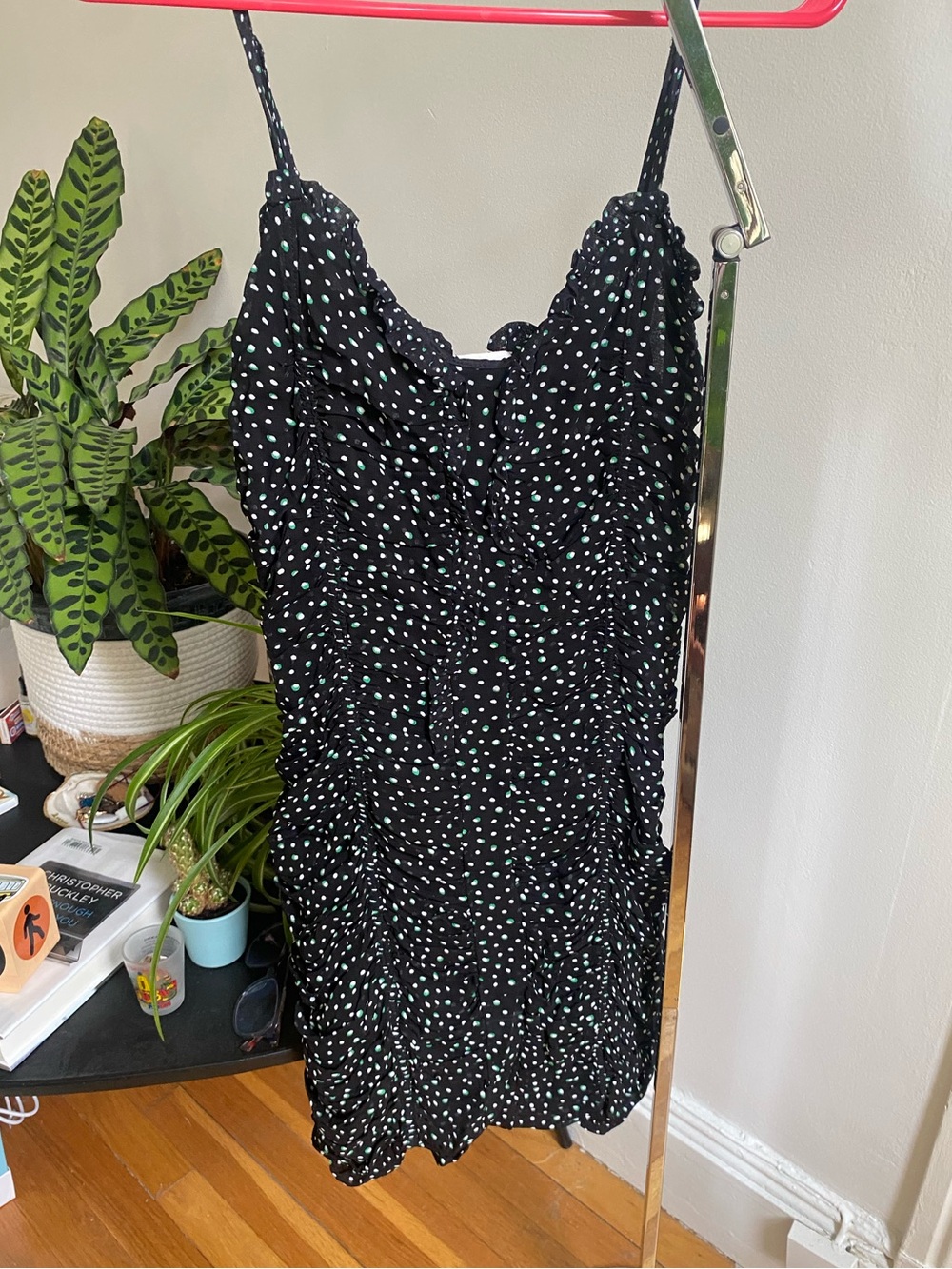 Black Polka Dot Ruched Spaghetti Strap Dress bimba y lola xs